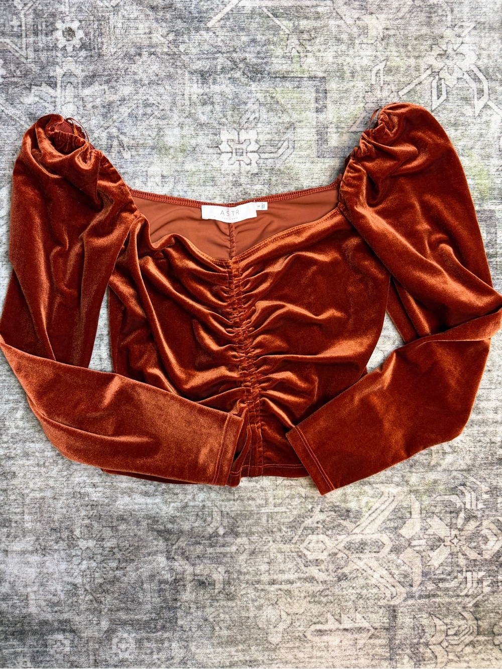 ASTR Rust Velvet Ruched Puff Sleeve Crop Top